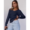 thumbnail image 2 of Women Long Sleeve Cable Knit Sweater Fall Fashion V Neck Fitted Pullover Business Casual Fall Outfits Navy Blue L, 2 of 8