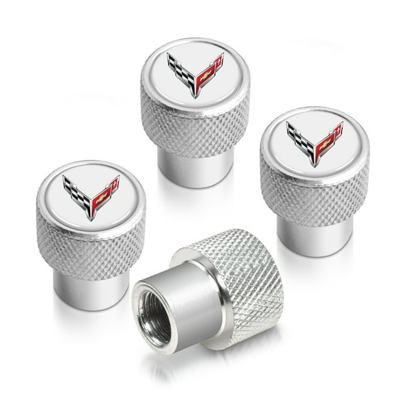 Chevrolet Corvette C8 Logo in White on Shining Silver Aluminum Tire Valve Stem Caps