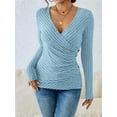thumbnail image 4 of Women'S Long Sleeve Shirt V Neck Ribbed Knit Slim Button Sweater Autumn Casual Work Tops Light Blue L, 4 of 7