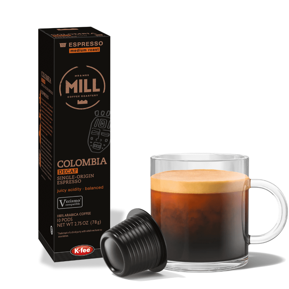 Mr and Mrs Mill Colombia Decaf Espresso K-fee® & Starbucks® Verismo* Compatible | 60 Count (6 boxes X 10 Pods) | Medium Roast Single Serve Espresso Pods