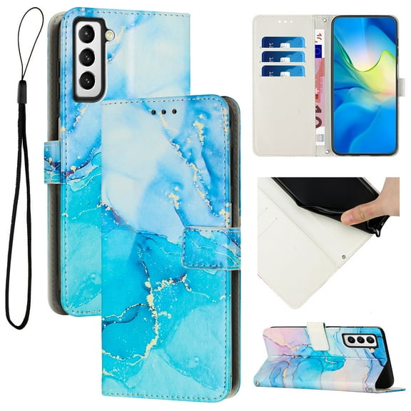 Nalacover for Samsung Galaxy A03s Marble Pattern Wallet Case with Credit Card Slots Holder Kickstand Cover, Soft Silicone Shokcproof Anti-Fall Premium PU Leather Magnetic Clasp Flip Case, Blue