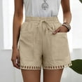 thumbnail image 3 of Mifsaly Womens Summer Shorts Eyelet Lace Trim Hem Elastic Waist Drawstring Cotton Linen Shorts with Pockets Lightweight Breathable Beach Holiday Clothes Beige,S, 3 of 8