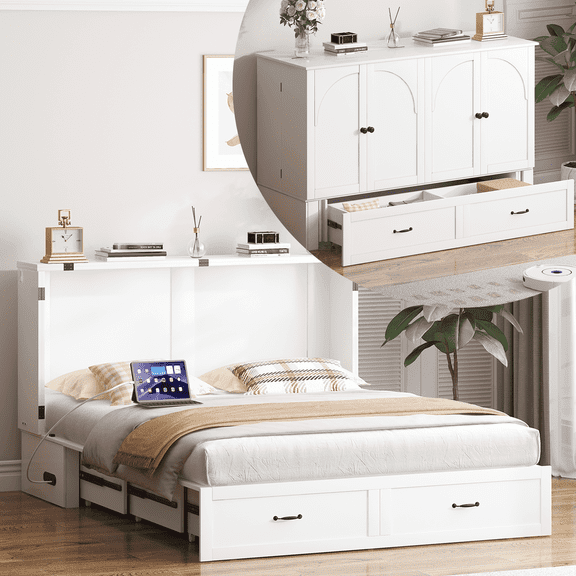 PUREMIND Queen Size Murphy Bed with Mattress Included, Wall Bed with Storage Drawer and Charging Port for Bedroom/Office/Guest Room, White Style 2