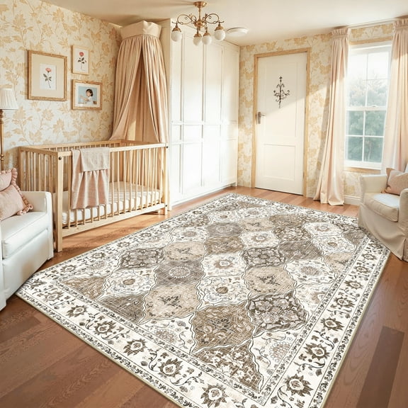 MJIAexp 5'x7' Moroccan Bedroom Rug Washable Vintage Boho Area Rug Non-Slip Accent Throw Rug Stain Resistant Floor Carpet for Kitchen Entryway Bathroom Living Room Office Beige