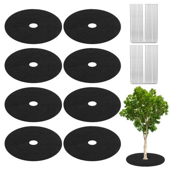 8-Pack Non-Woven Tree Mulch Ring, 10.6 Inch Tree Protector Mat W 20 Pcs Stakes for Plant Root Protection [Black]