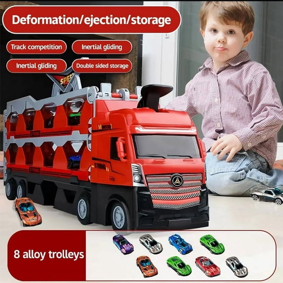 HLONK Mega Hauler Truck with Ejection Race Track Toys for Boys Big Truck Folding Storage Transporter Toy with 8 Cars for Big Toys for Boys Kids 3+ Years Old as a Birthday Gift for Boys A