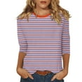 thumbnail image 2 of Dndkilg 3/4 Length Sleeve Shirts Women Elbow Crew Neck Fited T Shirts Petite Striped Slim Fit Cute Summer Tops and Blouses Plus Size, 2 of 5