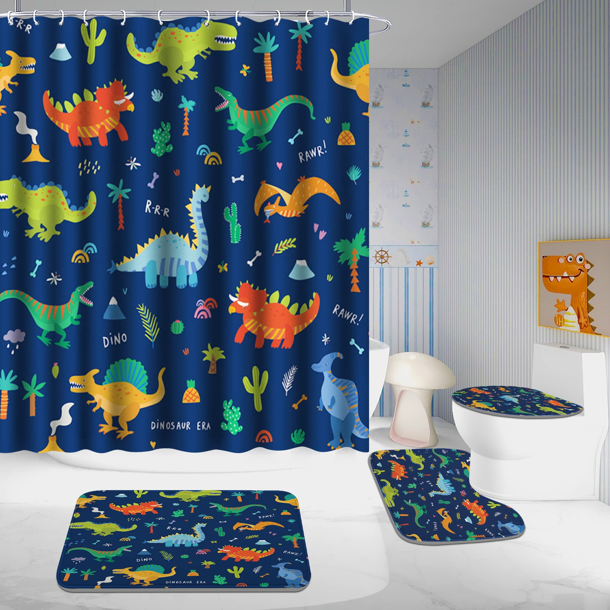Poedist 4Pcs Kid Shower Curtain Set, Bathroom Sets with Shower Curtain and Rugs, with Non-Slip Rugs,Toilet Lid Cover,Bath Mat and 12 Hooks,71 x 71 Inch, Dark Blue Dinosaur Kid's Set