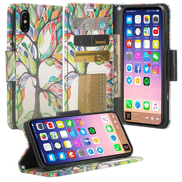 snatch væske service iPhone X Case, Apple iPhone X Wallet Case, [Kickstand Feature] Pu Wrist  Strap Leather Wallet Case with ID&Credit Card Slot For iPhone X, Colorful  Tree - Walmart.com