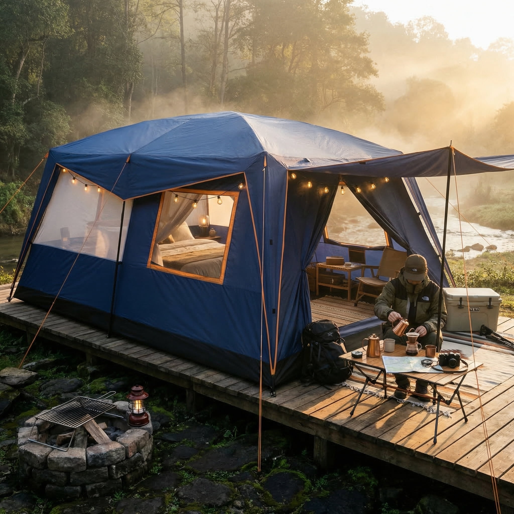 COBIZI 6-8-10 Person Family Camping Tents with Easy Setup & 2 Room Design, 10x14FT Heavy Duty Waterproof & UV Protection Tent with Removable Rainfly, Wind Ropes and Stakes, Blue