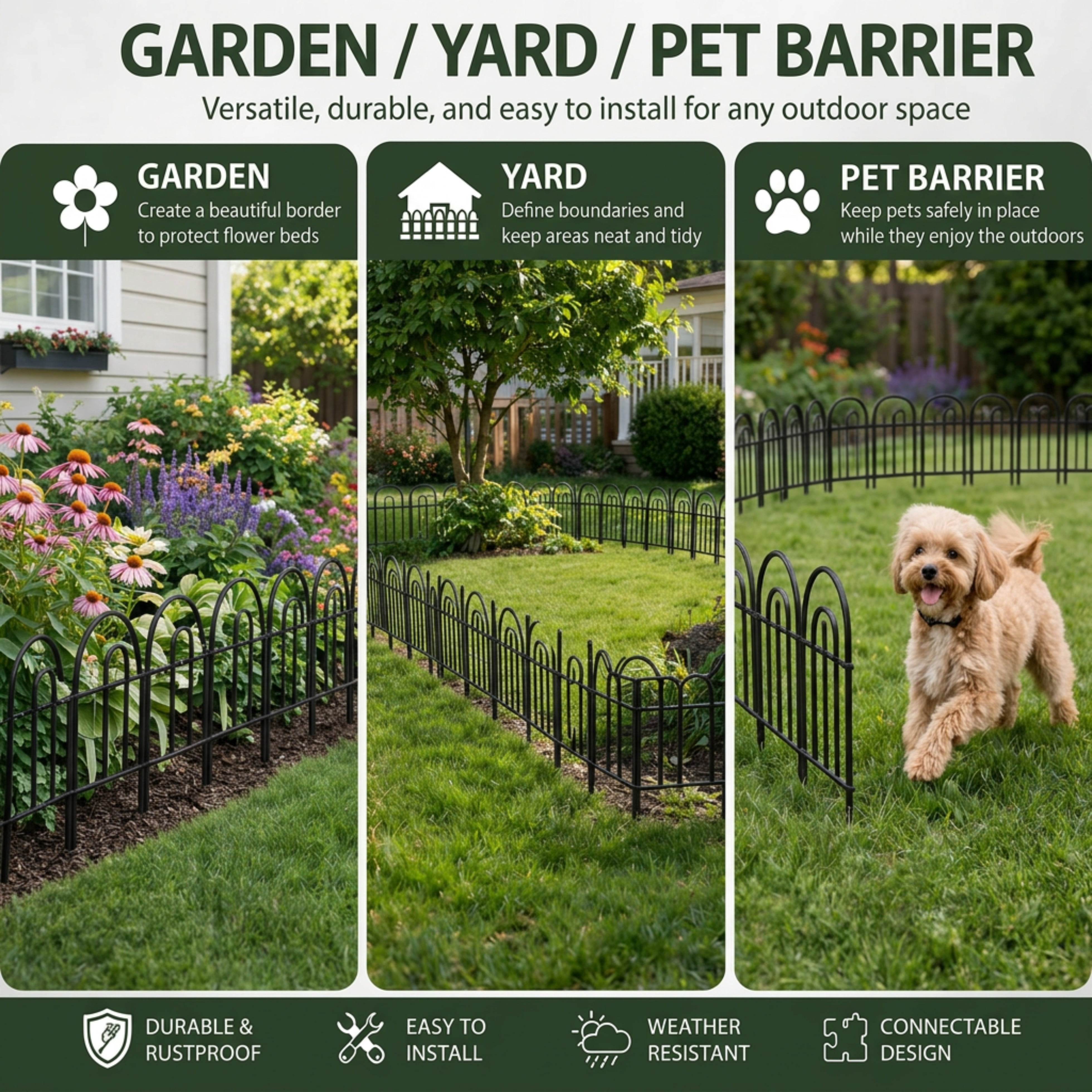 Y&M 21FT Garden Fence 20 Panels, 16.7in H Metal Border Fence, No Dig Landscape Edging for Yard Lawn Flower Bed, Rustproof