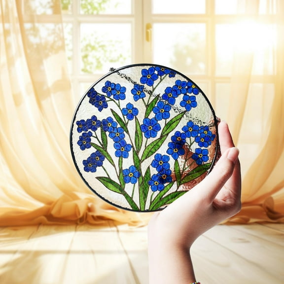 Forget-Me-Not Glass Suncatcher, Flower Window Hanging Decor, Handmade Floral Sun Catcher, Nature Inspired Art, Botanical Glass Ornament
