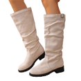 thumbnail image 2 of Domuza Women's Slouchy Knee High Boots, Faux Suede Buckle Decor Low Block Heel Tall Boots, Non-Slip Ruched Casual Winter Boots for Daily Commuting Walking Outdoor Wear Beige 6.5（EU-37）, 2 of 5