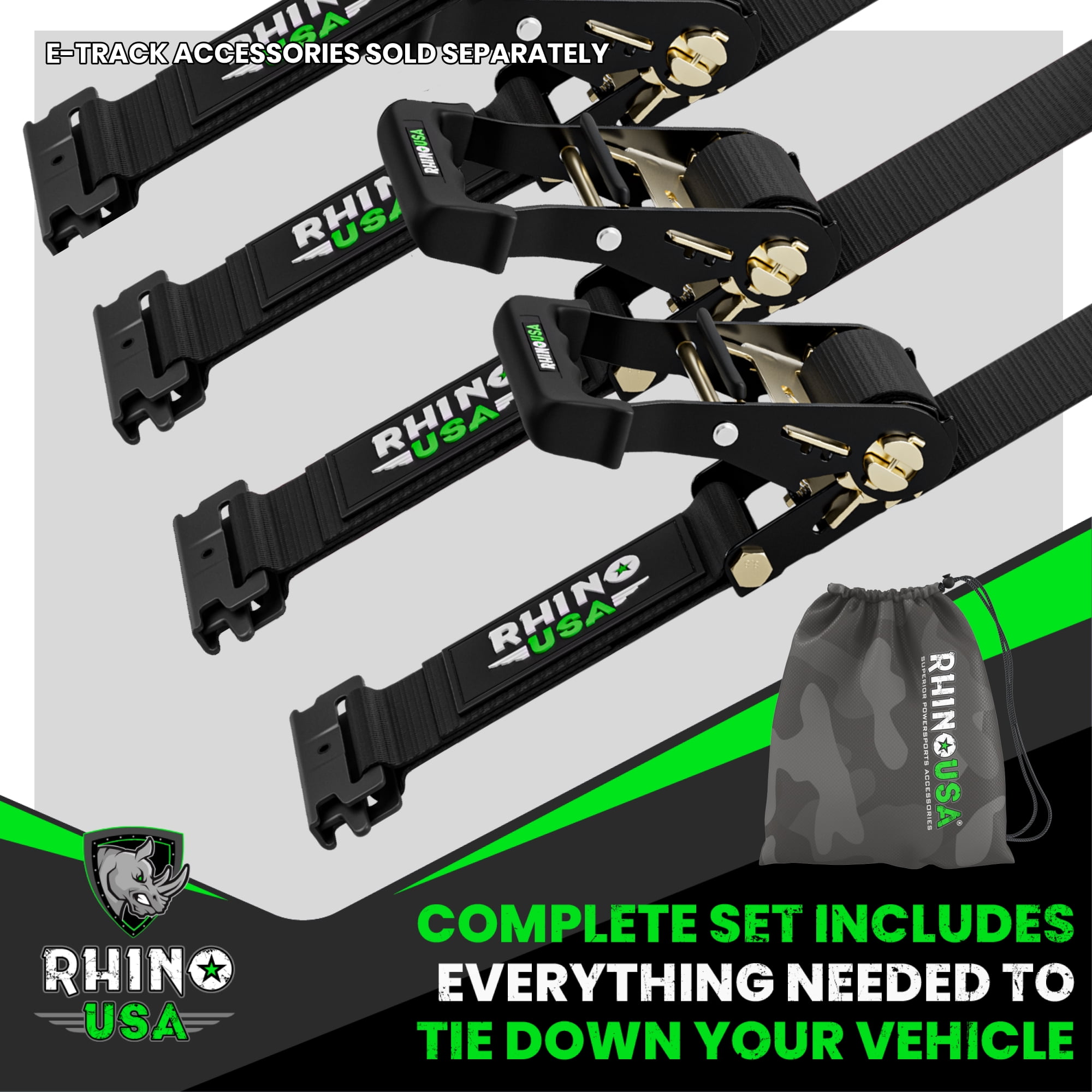 Rhino USA E Track Ratchet Tie Down Straps (4,500lb Break Strength) - w/ (4) Premium 2" x 16' eTrack Tie Down