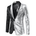 thumbnail image 5 of INSPIRE CHIC Sequin Blazer for Men's Shawl Lapel Party Sparkle Color Block Sports Coats Silver Black S, 5 of 5
