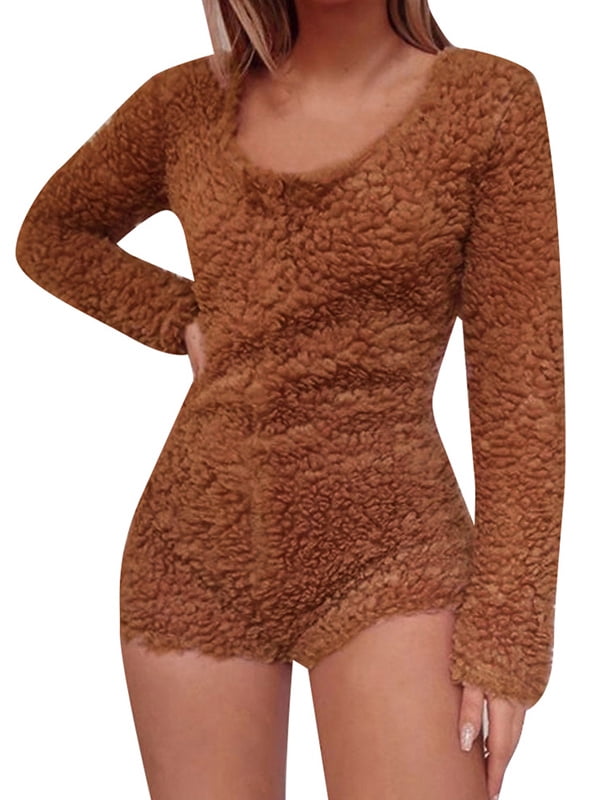 Julycc Women Fluffy Fleece Fur Shorts Romper Pajamas Playsuit Pjs