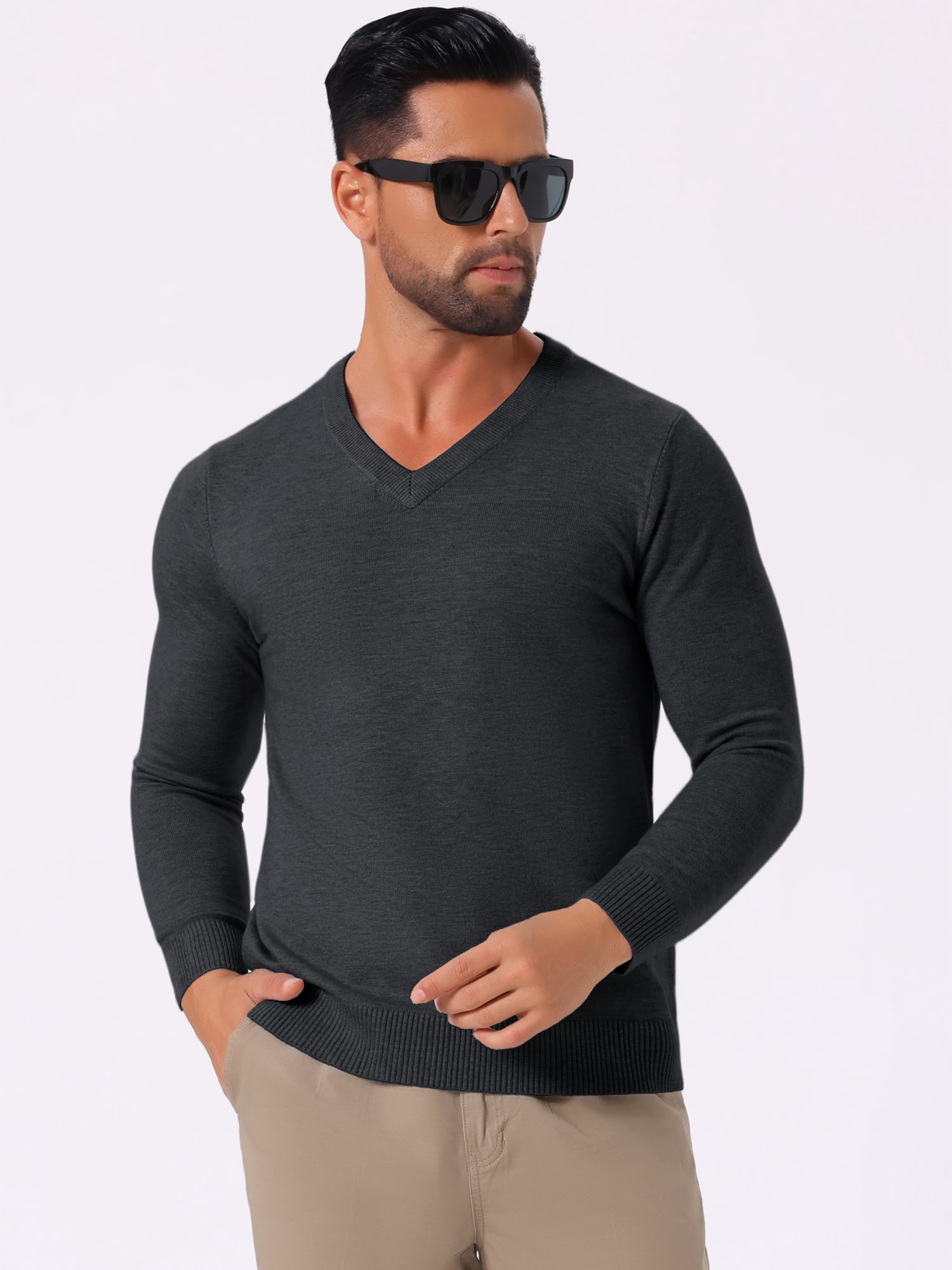 DARING DIVA Men's Long Sleeve V-Neck Solid Knitted Pullover Sweater S Black Gray