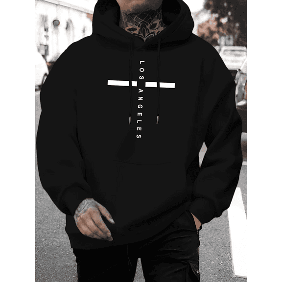 Men's Fashion Los Angeles Cross Print Hoodie, Regular Fit, Long Sleeve Pullover with Drawstring for Fall/Winter, Size S-3XL