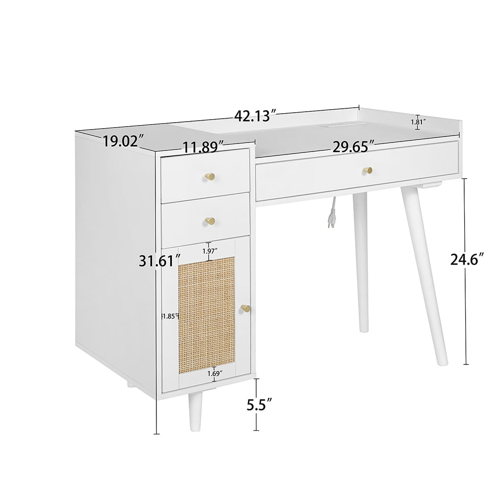 Kadyn Makeup Vanity, Wood Dressing Table with Drawers and Rattan Door, Dressing Table Makeup Desk for Bedroom, White
