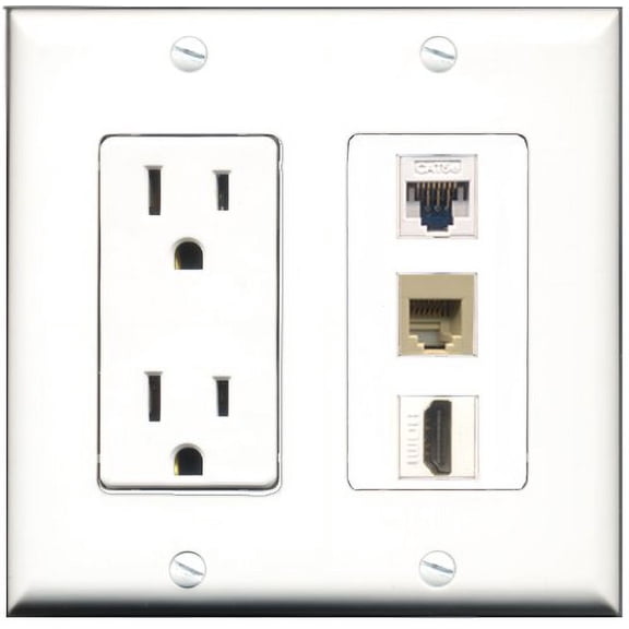 RiteAV - 15 Amp Power Outlet 1 Port HDMI 1 Port Phone Beige 1 Port Cat5e Ethernet White Decorative Wall Plate
