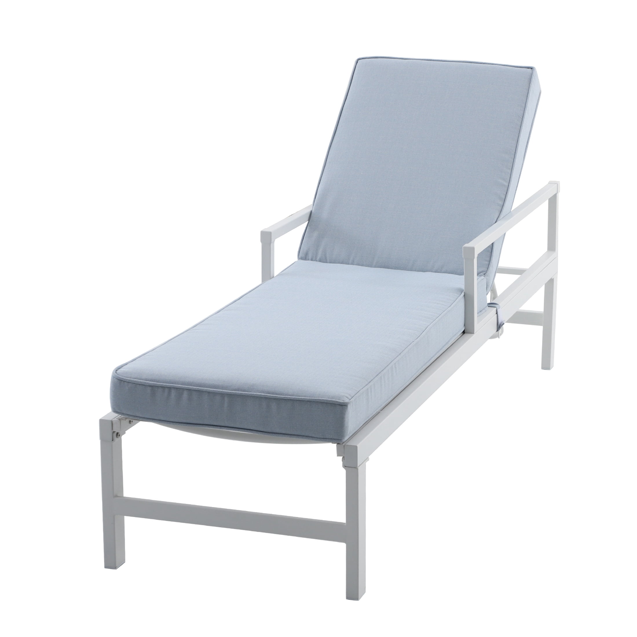 My Texas House Cambria Steel Outdoor Chaise Lounge, Blue Cushions with White Frame