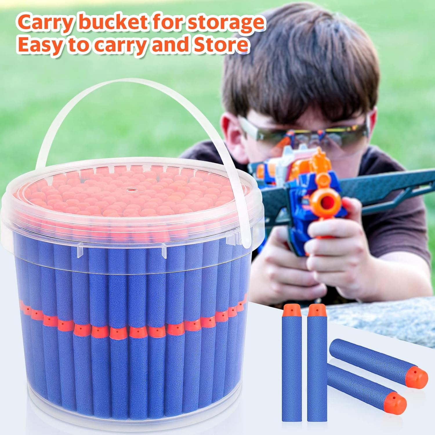 PrimeCook Shop Refill Darts Bullets Compatible with Nerf Guns N-Strike Elite Series, 300PCS Refill Darts Premium Foam Bullets Pack with Portable Storage Bucket