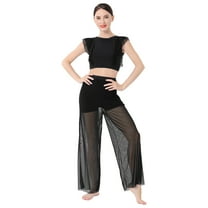 IBTOM CASTLE Women Two Piece Lyrical Dance Outfit Criss Cross Crop Tops Mesh Tulle Wide Leg Pants Modern Contemporary Dancewear S Black