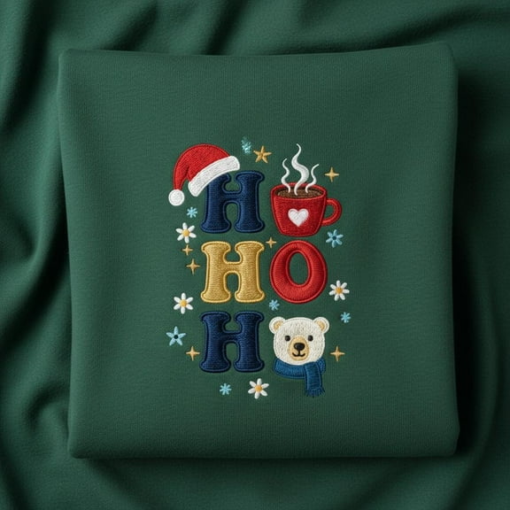 Ho Ho Ho Christmas Embroidered Sweatshirt, Festive Polar Bear Crewneck, Holiday Cocoa Sweater, Cute Winter Theme Apparel Gift