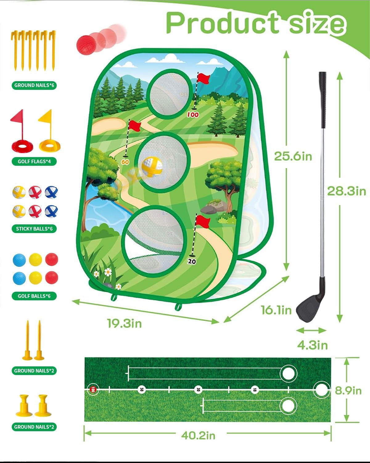 Toddler Golf Set, Golf Chipping Game,4-In-1 Kids Sticky Golf Games Set With Club, Golf Putting Practice Mat,3-Sided Golf Chipping Net,Golf Cornhole Board Set,Indoor Outdoor Golf Toys For Kids & Adult