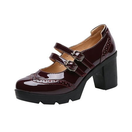 

Xfvqtps Ladys Mary Jane Shoes Large Size British Style Hollow Out Solid Color Double Metal Buckle Patent Leather Chunky Heel Fashion Retro Elegant Classic Brogues Shoes Wine