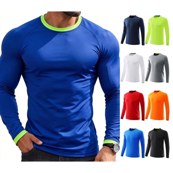 WAVSUF Men's Athletic Tee Round Neck Long Sleeve Breathable Fall Breathable Sports Top XL