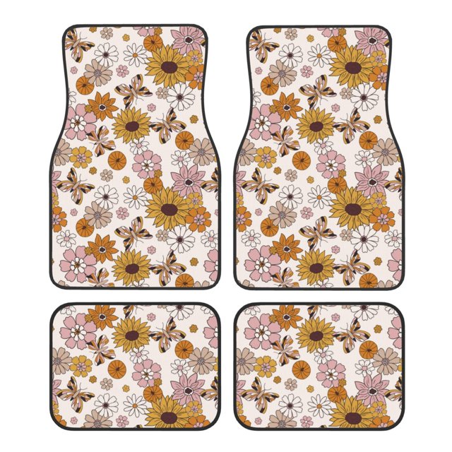 Kdxio Sunflowers And Butterflies Print Car Floor Mats Universal SUV Front Rear Floor Foot Mats 4-Piece Full Set with Non-Slip Rubber Backing Car Accessories for Most Cars
