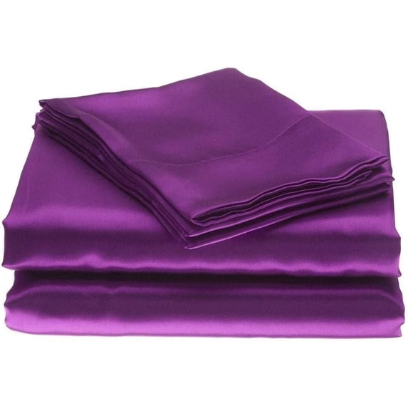 Silk Sateen Sheets 4 Piece 100 % Silk 1 Fitted Sheet, 1 Flat Sheet & 2 Pillowcase 15" Deep Pocket Soft Silk Bedding Set Wrinkle Free Fade Resistant Twin Purple