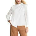 thumbnail image 1 of INSPIRAR CHIC Blusa de satén de cuello alto para mujer, de manga larga, con frente plisado, para trabajo y oficina, color blanco, 1 of 5