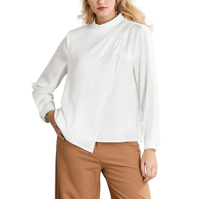 INSPIRAR CHIC Blusa de satén de cuello alto para mujer, de manga larga, con frente plisado, para trabajo y oficina, color blanco