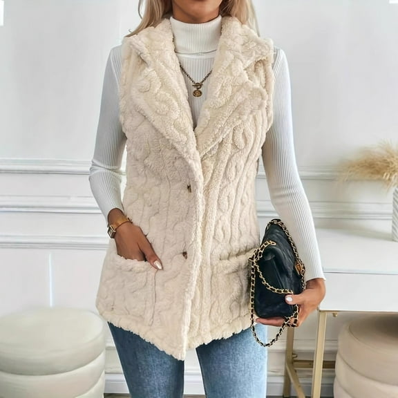 Women's Temperament Cardigan Solid Plush Vest Jacket for Fall and Winter, Chic Design, Winter Clothes for Women,Beige,L