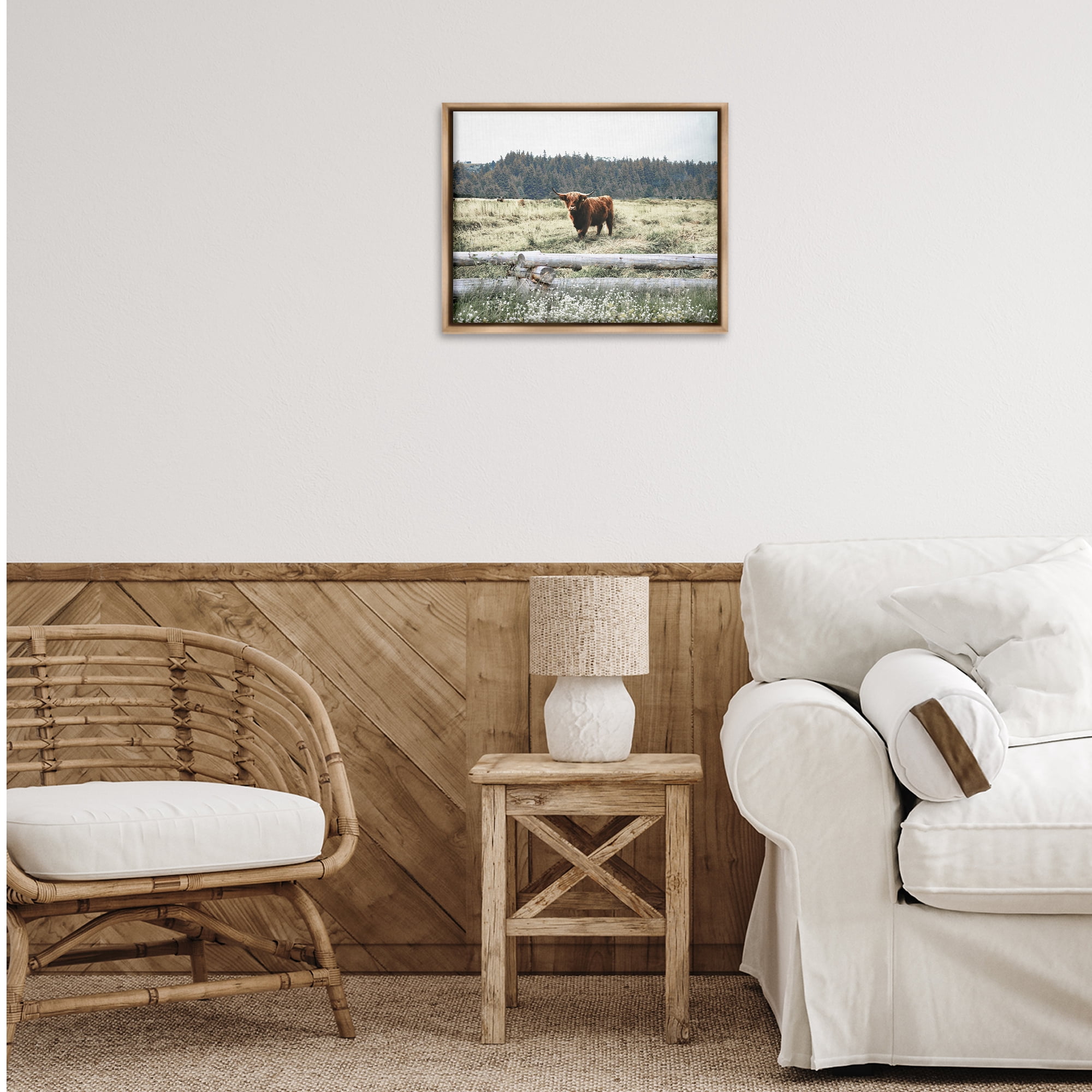Stupell Industries Cattle Overlooking Fence Animals & Insects Photography Brown Floater Framed Canvas Art Print Wall Art, 21 x 17