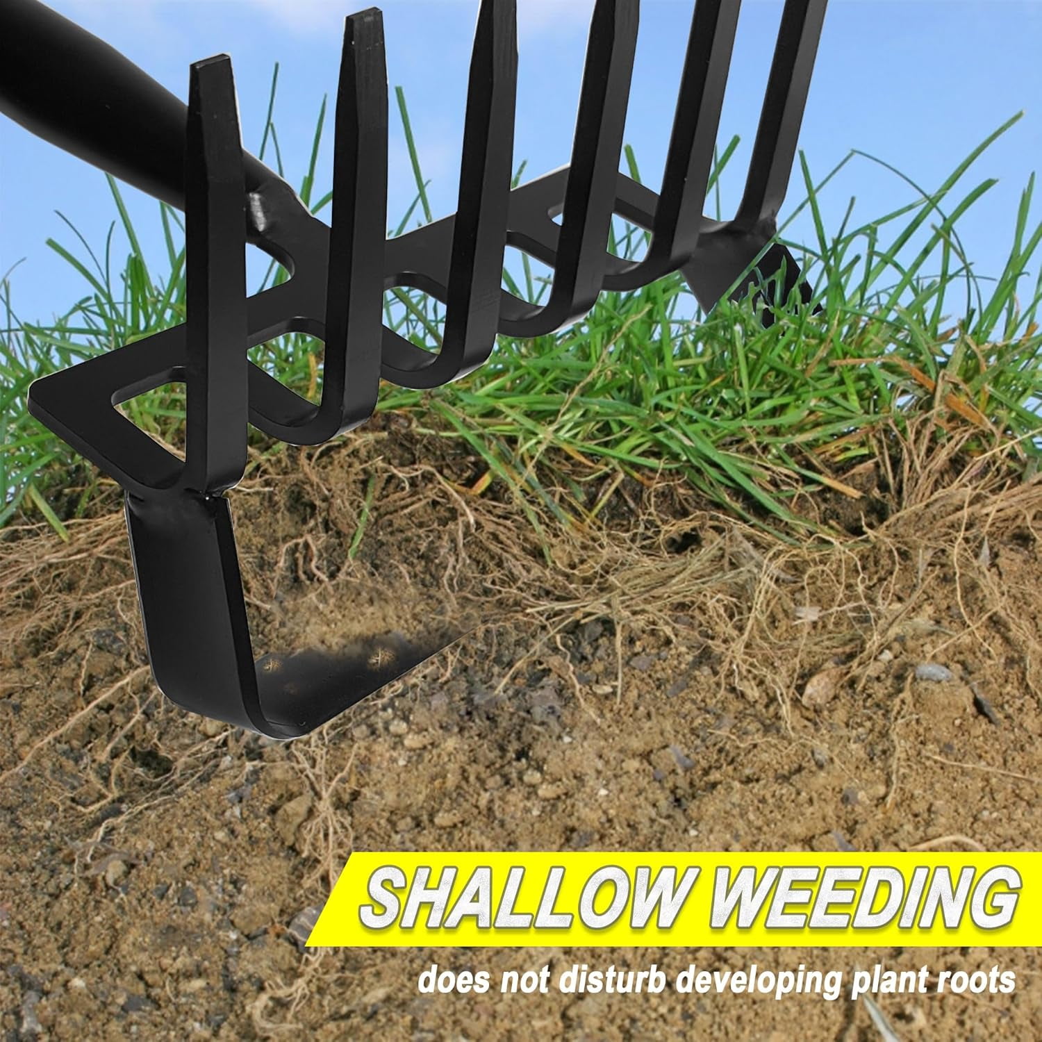 8-Tines Rake and Stirrup - Adjustable Long Handle Scuffle Loop Action for Weeding, Digging, Loosening Soil, Stainless Steel Tiller Cultivator for Gardening, Raised Flower Beds Planting.