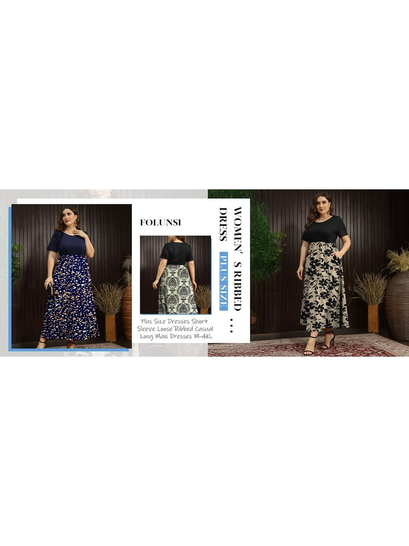Folunsi Women Plus Size Dresses Short Sleeve Loose Ribbed Casual Long Maxi Dresses with Pockets M-4x