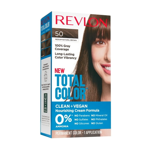 Revlon Total Color Permanent Hair Color, Clean and Vegan, 100% Gray Coverage Hair Dye, 50 Medium Natural Brown, 5.94 fl oz