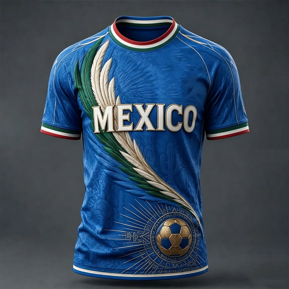 Mexico Soccer Jersey Men 2026 Soccer Shirt 2D Graphic Crew Neck Short Sleeve Summer Tee Blue XXXXL