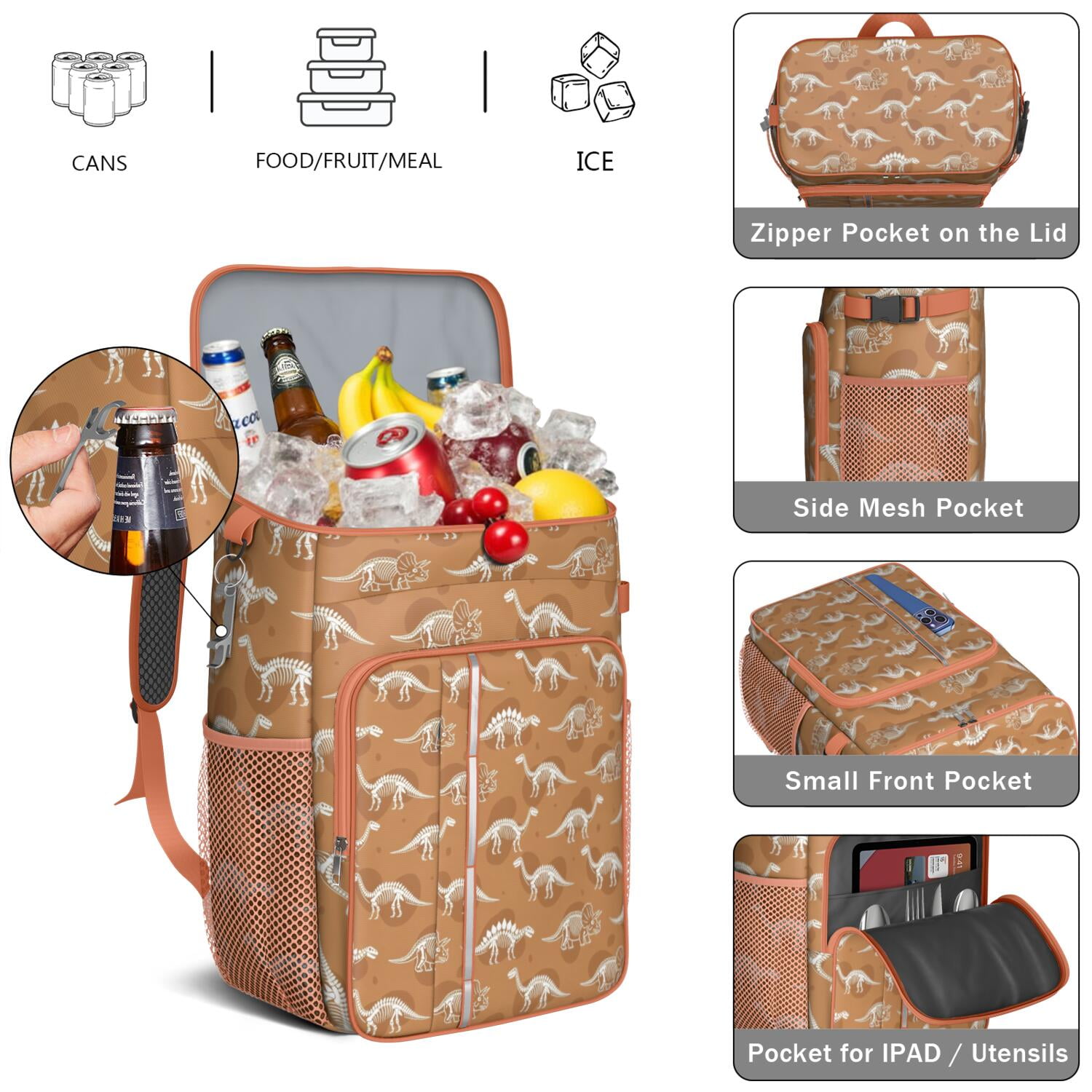 Travel Cooler Bag - Brown Cartoon Dinosaurs Skeletons Pattern Camping Beer Cooler Backpack with Bottle Opener- Waterproof Insulated Picnic Backpacks - Cooler Bag for Beach