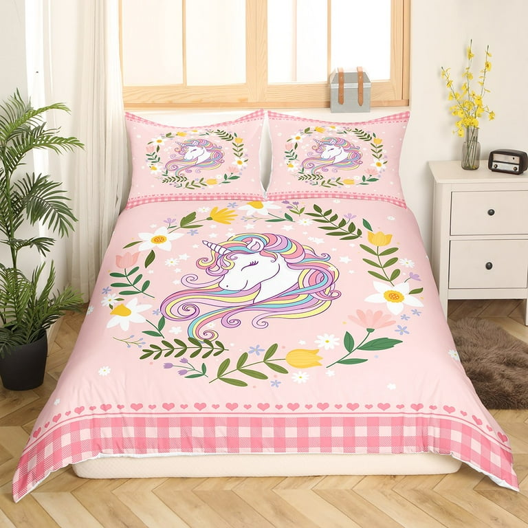 King Size Unicorn Comforter Cover for Girls Cartoon Animal with Botanical Floral Duvet Cover for Toddler Kids Teens Geometric Grid Bedding Set Pink