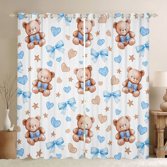 Homewish Cartoon Ribbon Bear Curtains Pack of 2 (42x84 Each) for Kids, Princess Blue Bow-tie Curtains Blackout, Kawaii Stars Print Bedroom Curtains, Curtains and Drapes Bedroom Decor