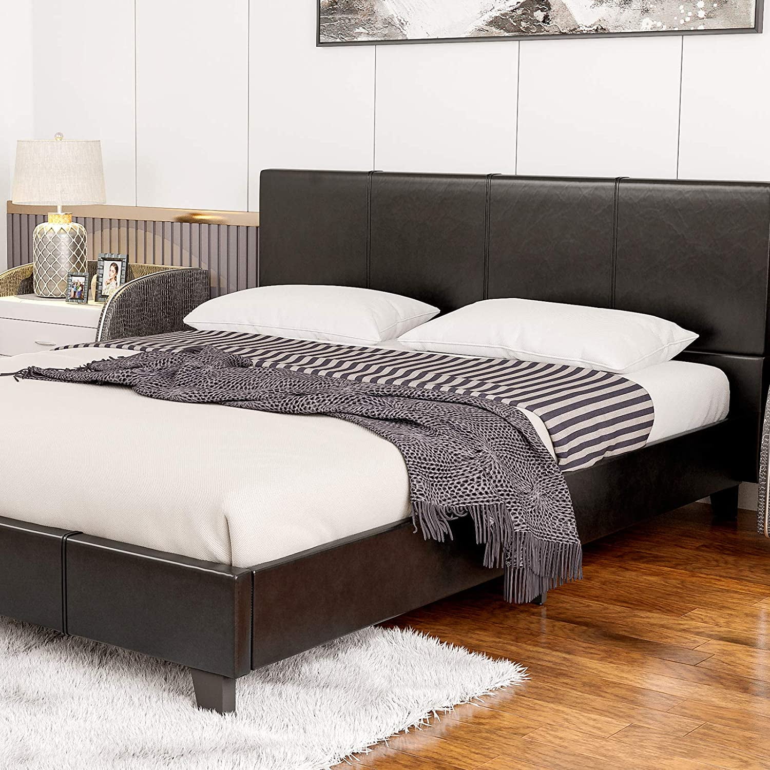 Brown Twin Deluxe Bonded Leather Bed Platform Bed Frame with Paneled Headboard 