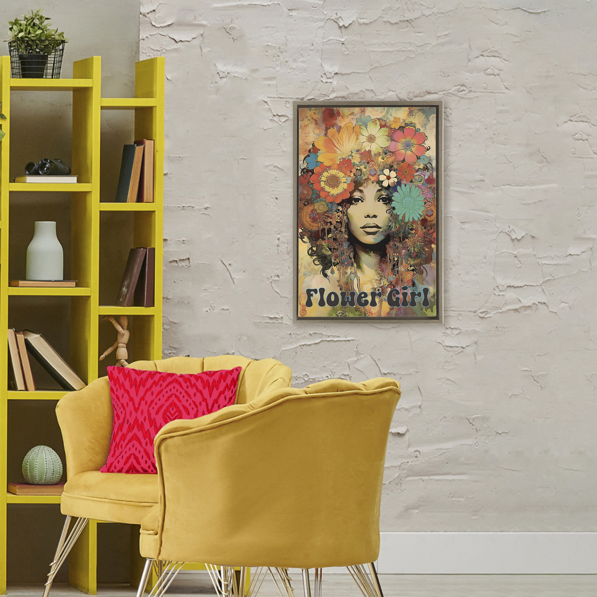 Bohemian Flower Girl Brown Framed Floater Canvas Wall Art, design by Sasha
