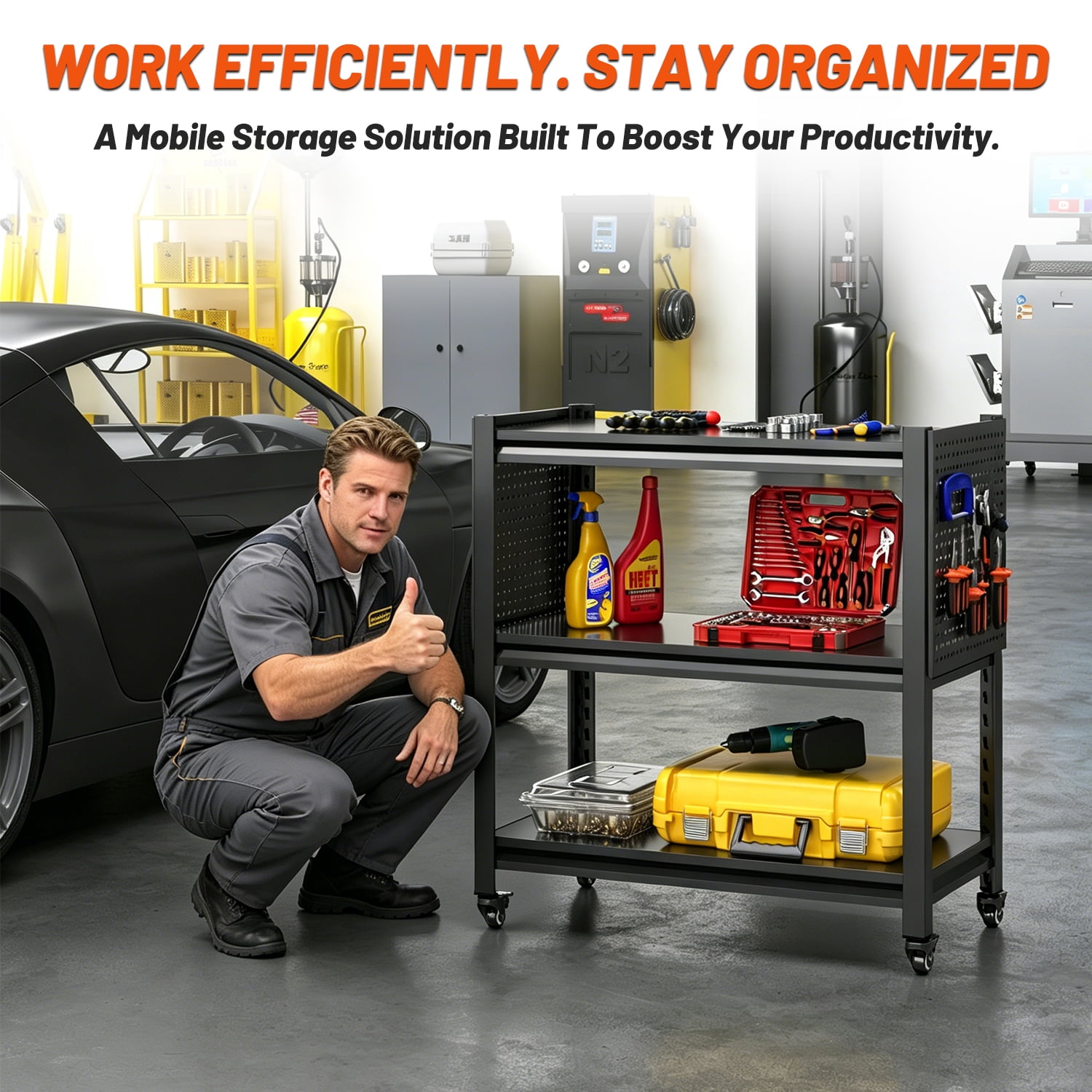 3 Tier Tool Cart on Wheels, Heavy Duty Metal Service Cart with Pegboards, 660 LBS Load Capacity Tool Utility Cart, Industrial Utility for Garage, Warehouse, Workshop