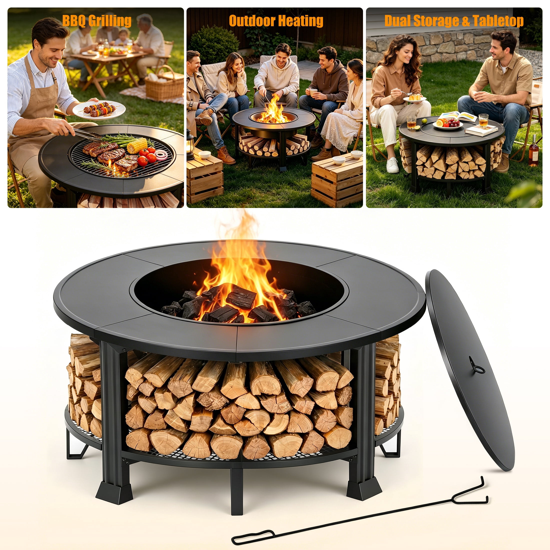 Outdoor Fire Pit, SHINPT 38” Round Wood Burning Fire Pit Table, Outdoor Patio Bowl with Grill Grate, Spark Screen Lid, Poker Tool and Waterproof Cover, for Patio, Backyard, Garden and Camping