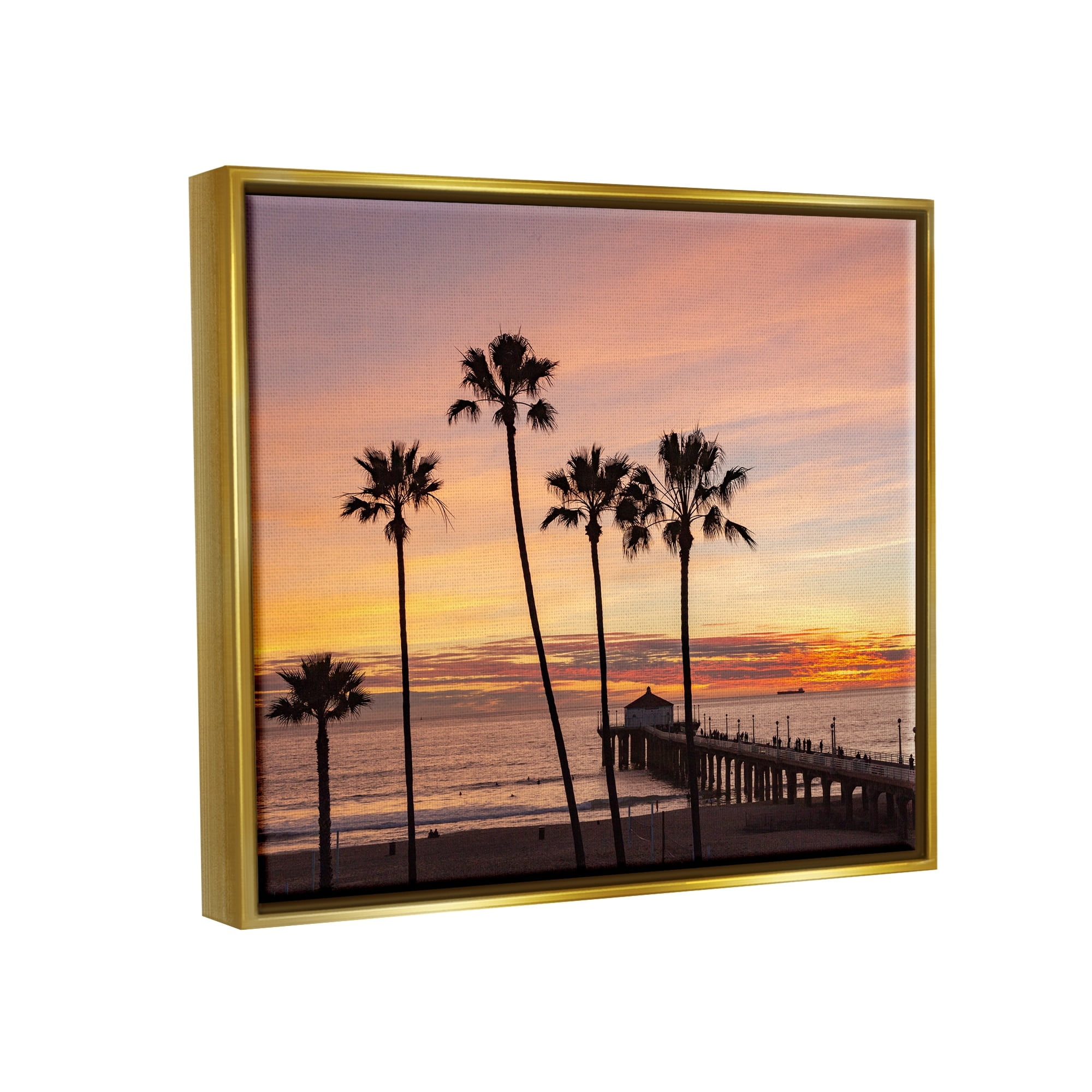 Stupell Industries Tropical Palm Tree Sunset Summer Pier Docks Photograph Metallic Gold Floating Framed Canvas Print Wall Art, Design by Jeff Poe Photography