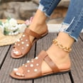 thumbnail image 5 of Women's Flat Slide Sandals Pearl Embellished Crisscross Strap, Open Toe Slip-On Casual Summer Slides Brown 37, 5 of 9